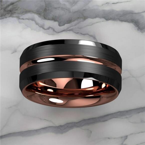 Men's Black Brushed Rose Gold Wedding Band Ring - Men's Wedding Rings - Picture 9 of 9